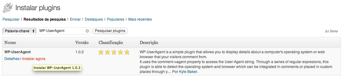 Instalar WP-UserAgent - Navegador e sistema operacional do usuário