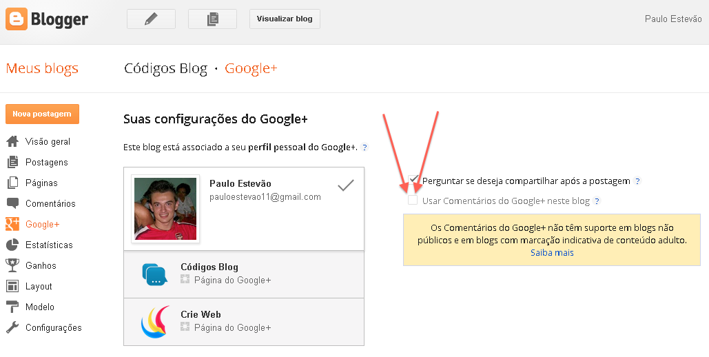 ativar comentários google+ no Blogger