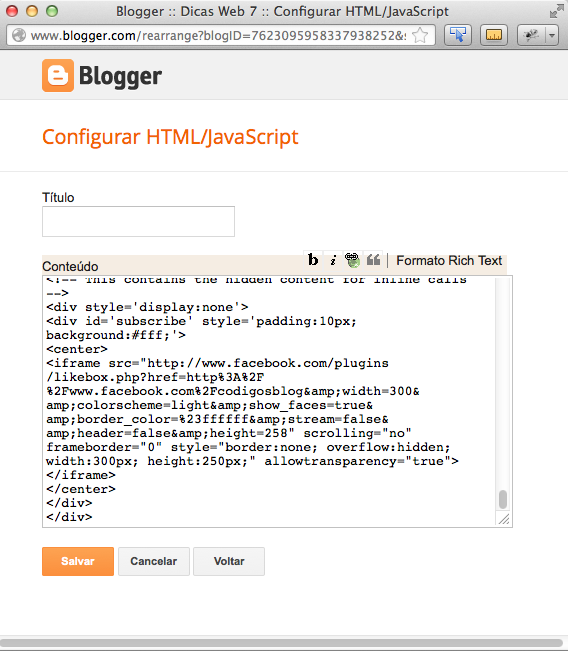 código inserido no blogger