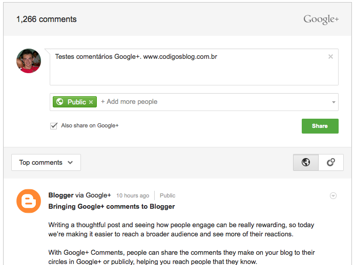 sistema de comentários google+ no blogger